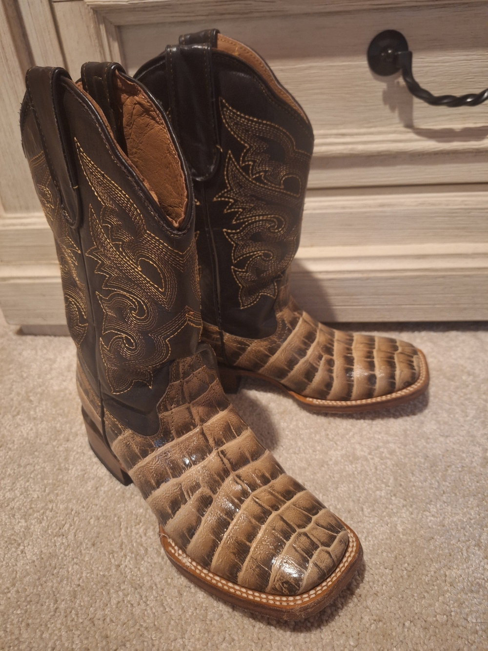 Youth Antique Saddle Caiman Belly Print Square Toe Cowboy Boots